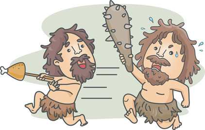Image shows one caveman holding food running away from another angry caveman with a club