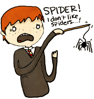 Image shows Ron Weasley with a spider hanging from the end of his wand. Caption reads 